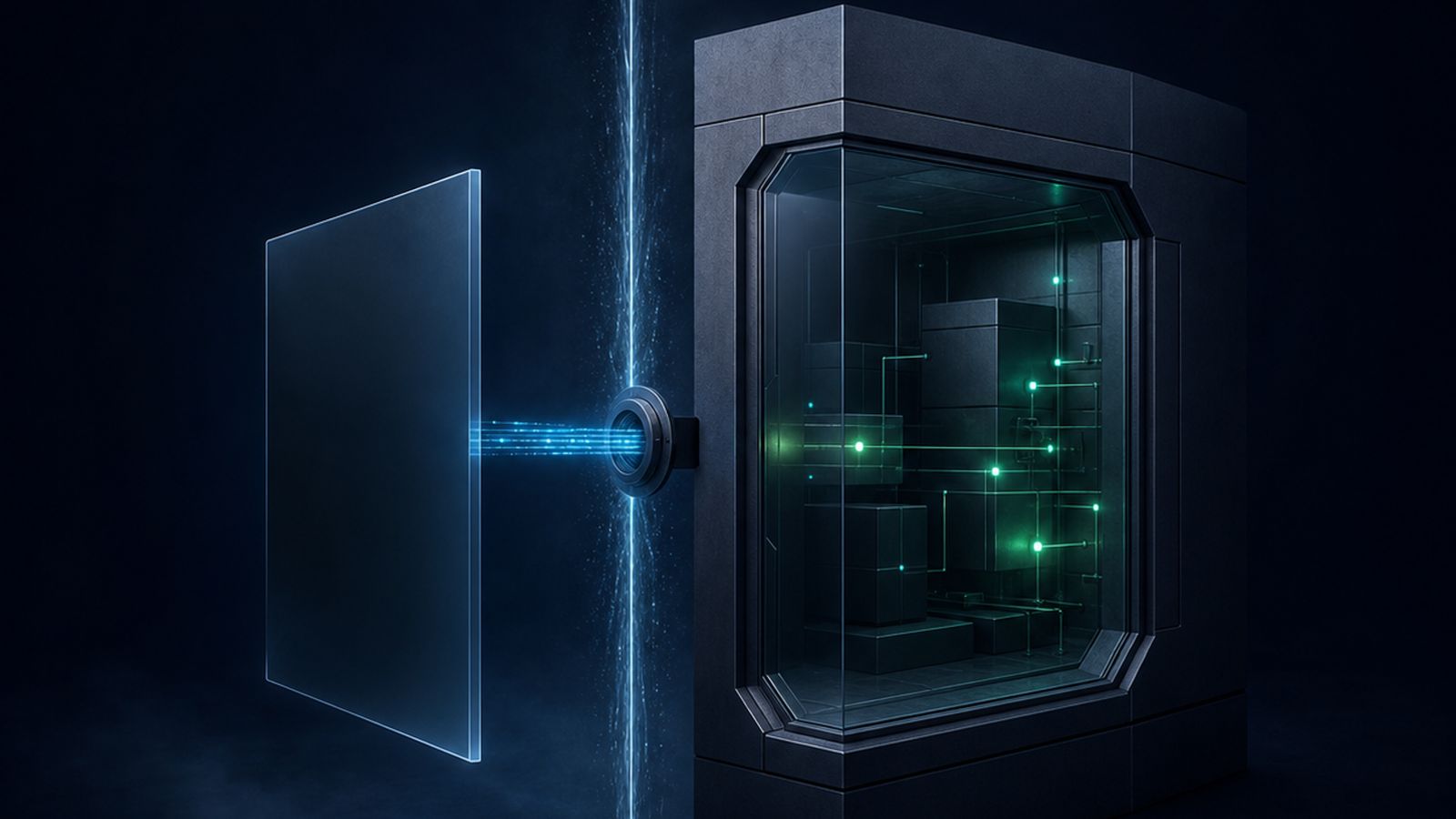A browser plane outside a sealed server chamber with one controlled opening