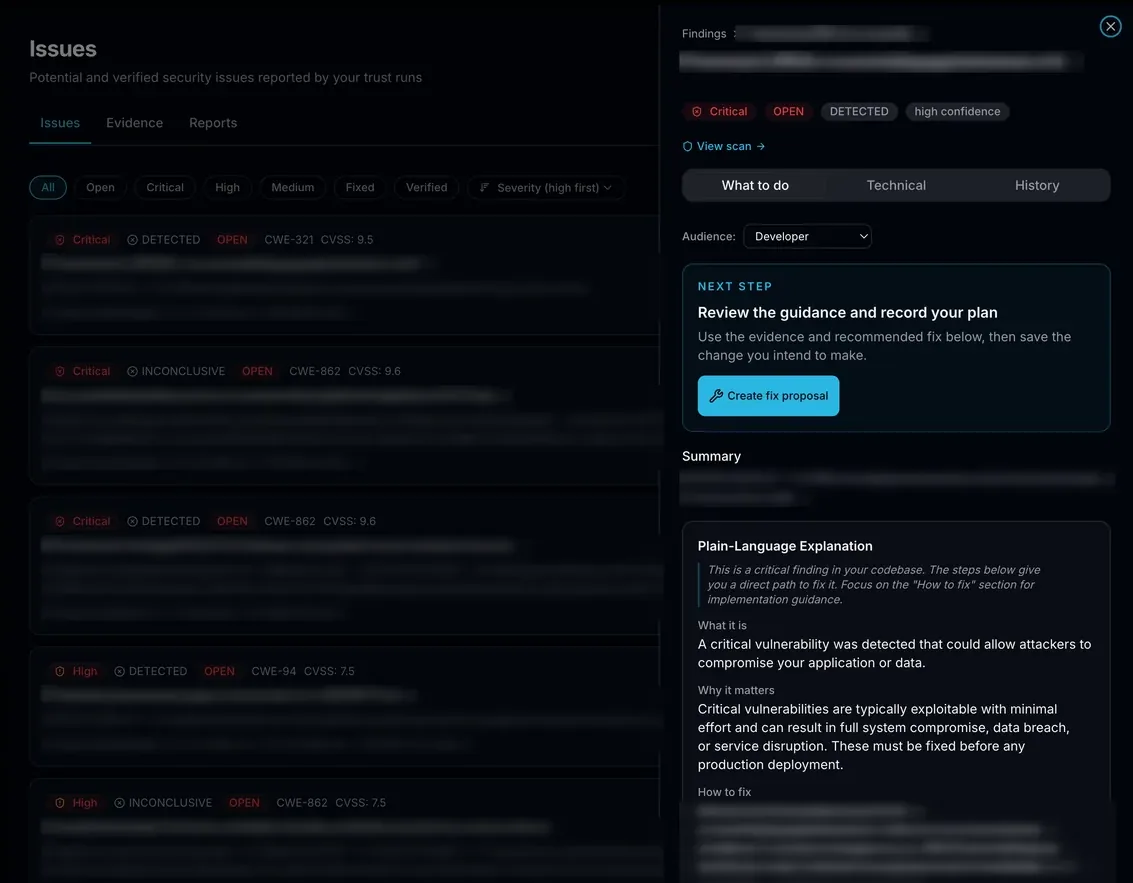 The Issues view in the LyraShield console in dark mode. Findings are listed with a severity, an evidence state, an open status, and a CWE and CVSS reference.