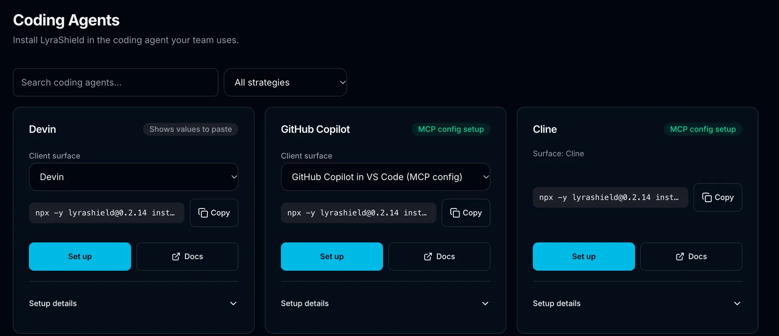 Current Coding Agents view with search, setup methods and Devin, GitHub Copilot and Cline installation cards, each with Set up, Docs and expandable setup details.