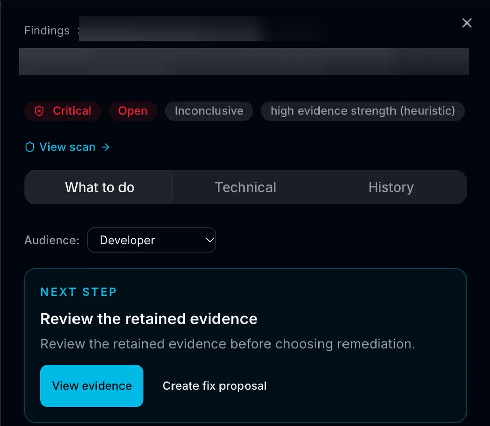 A current finding detail panel with Critical severity, Open status, Inconclusive evidence and actions to review evidence or create a fix proposal. The private finding title is redacted.